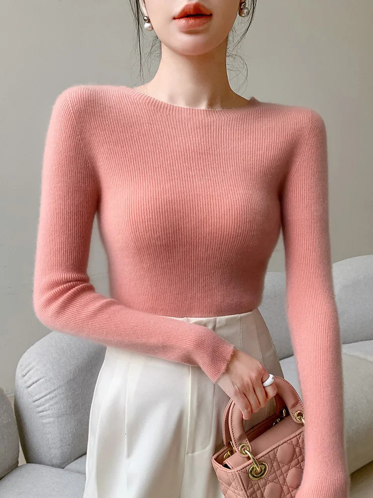 Womens sweater O-neck basic pullover sweater spring/summer 100% Merino wool slim solid color sweater fashionable top 241028
