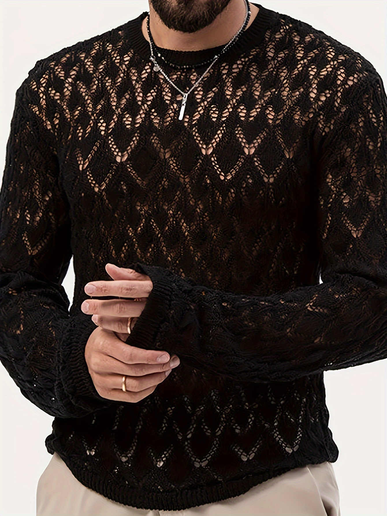 Fashionable knitted sweater with transparent mesh hollow design, casual round neck pullover sweater, sexy nightclub clothing for men