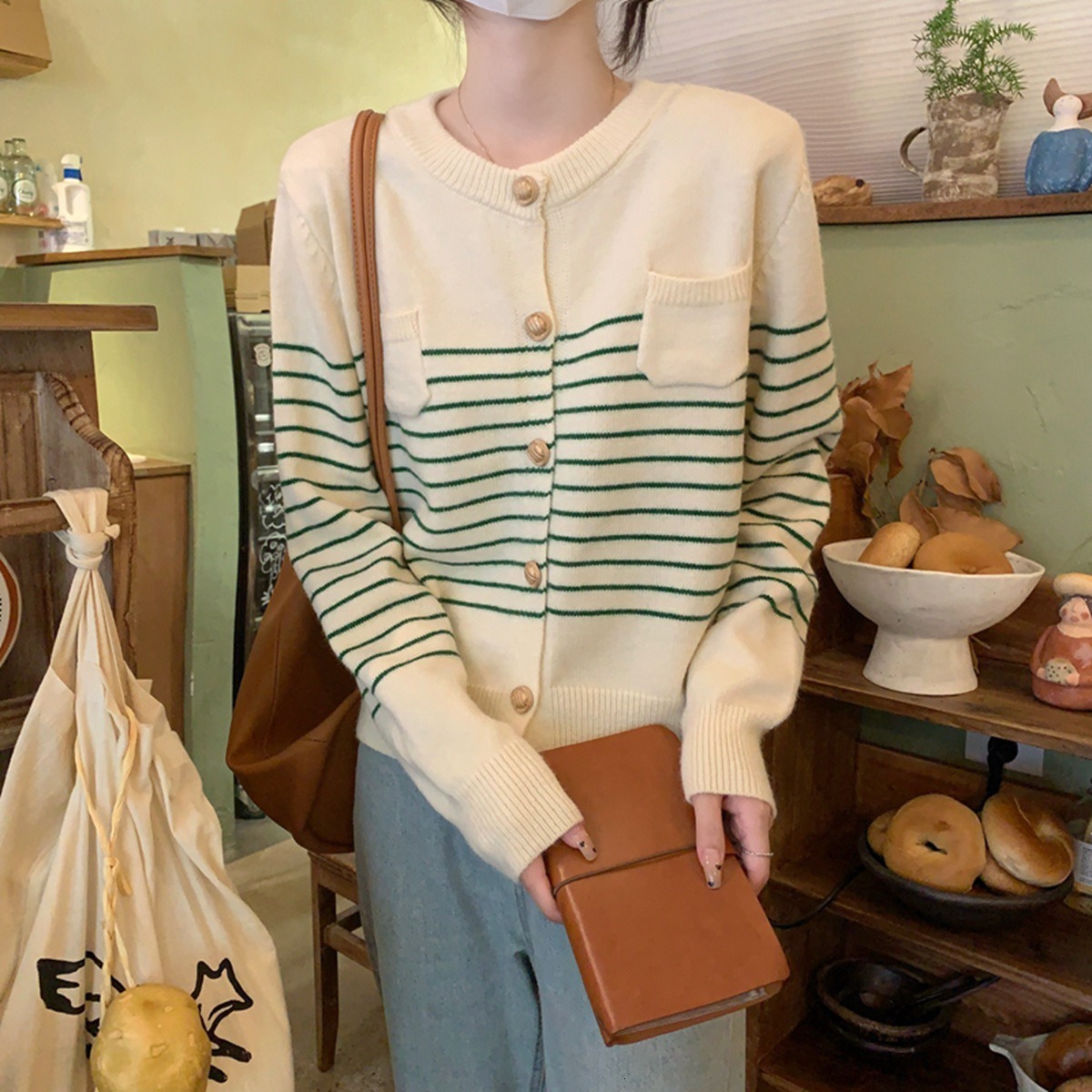 Autumn And Winter New Korean Round Neck Striped Knitted Cardigan Loose Short Pocket Sweater Jacket Women Top F1028#40