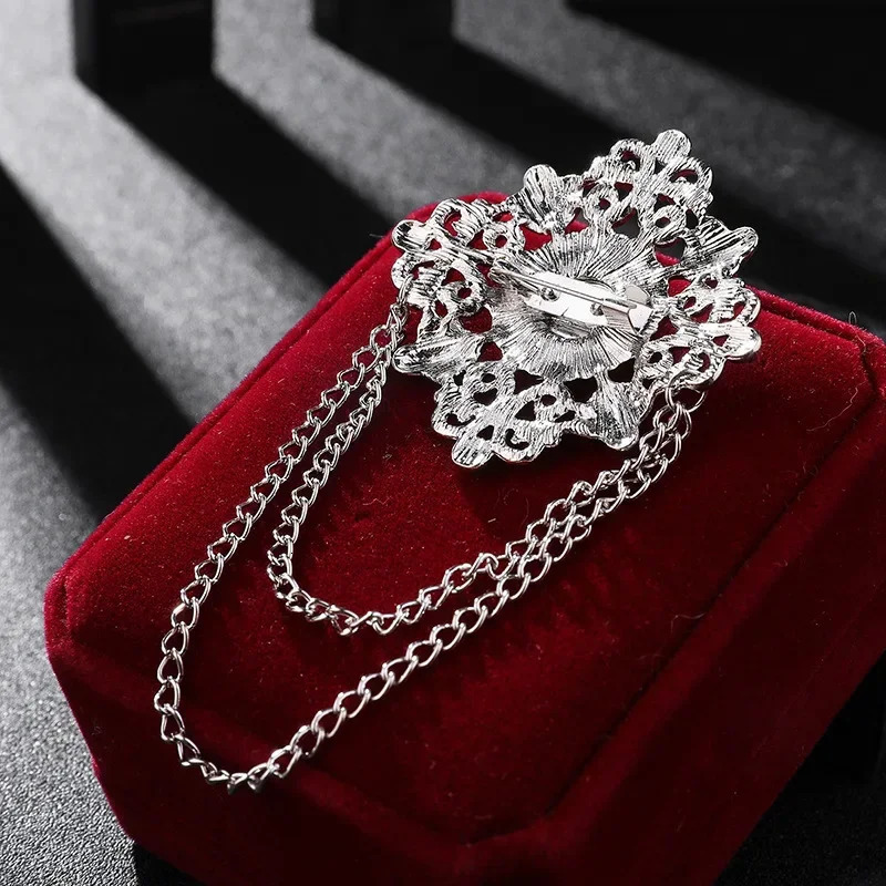 Retro Gem Brooch Mens Suit Pin Vintage Cross Tassel Lapel Pins with Chain Badge Jewelry Accessories 241028
