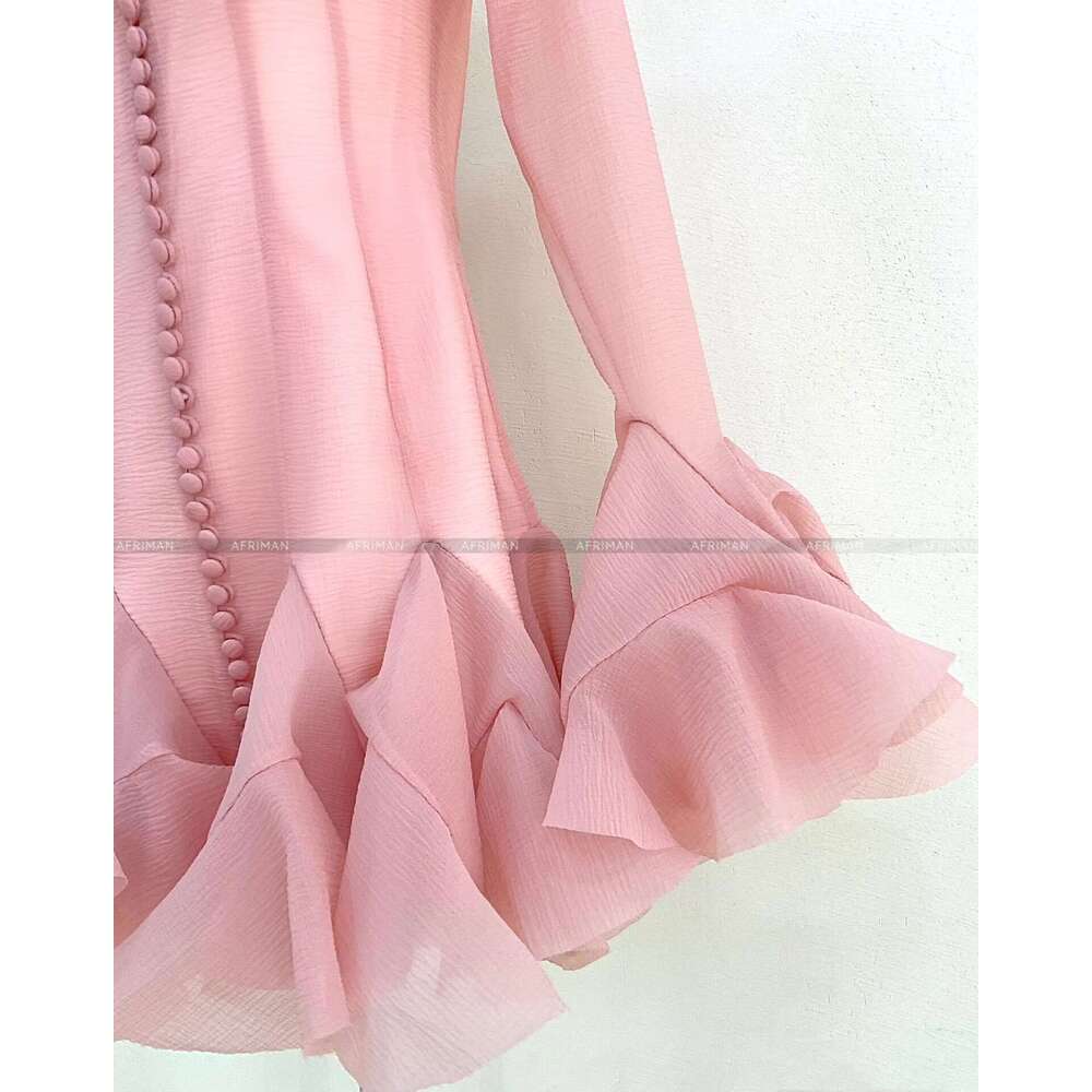 Women Big Flare Sleeve Single Breasted Temperament Handmade Petal Ruffles Dress