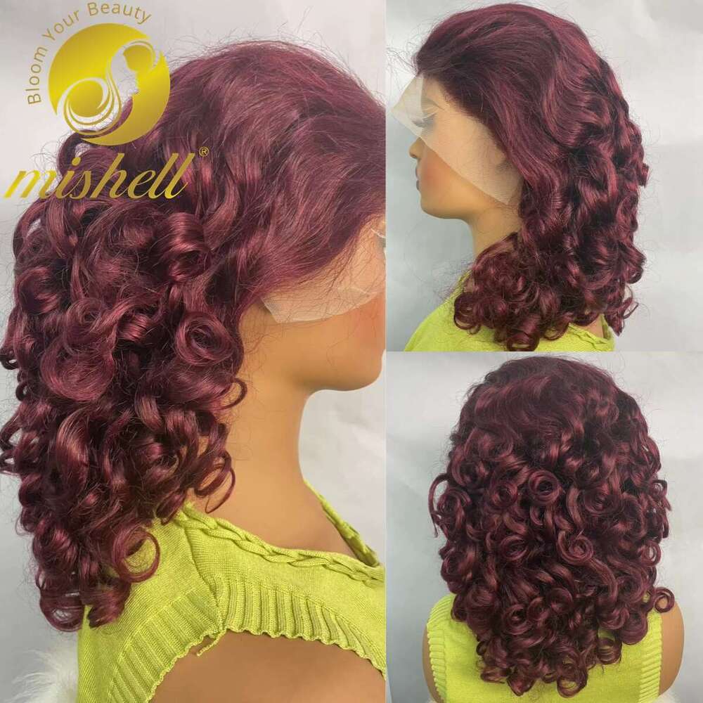 inch x Full Lace Frontal Spring Bouncy Curly Human Hair Wigs Density Burgundy J Short Loose Wave Bob Wig PrePlucked