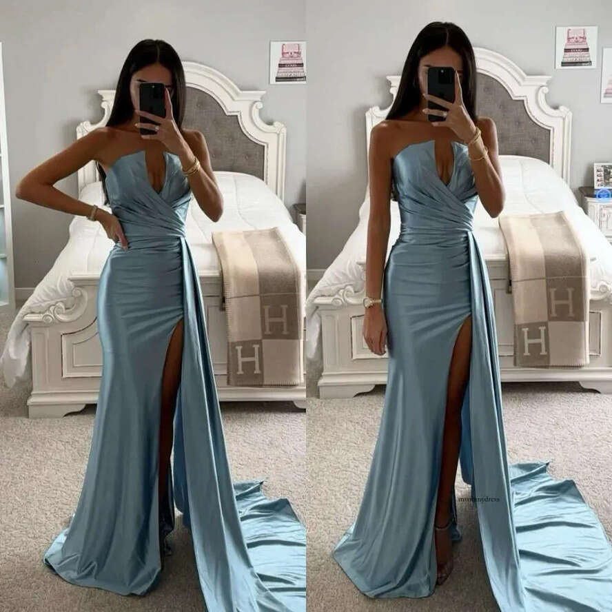 Haze Blue Mermaid Prom Dress V Strapless Evening Dresses Elegant Backless Satin Formal Gowns For Black Women Split Long Robe De Soiree 0515