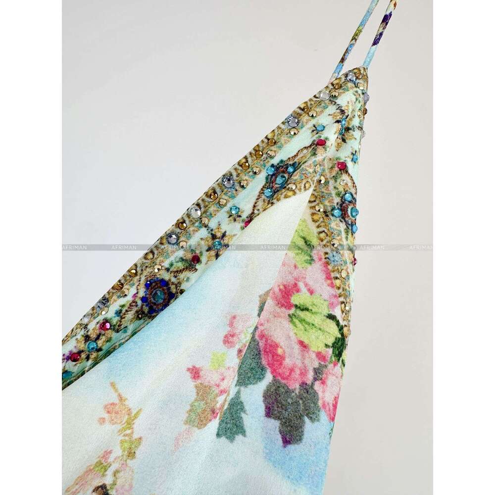 Women Sexy Strapless Cross V Neck Crystal Beaded Retro Wer And Animal Print 100% Silk Long Sg Dress