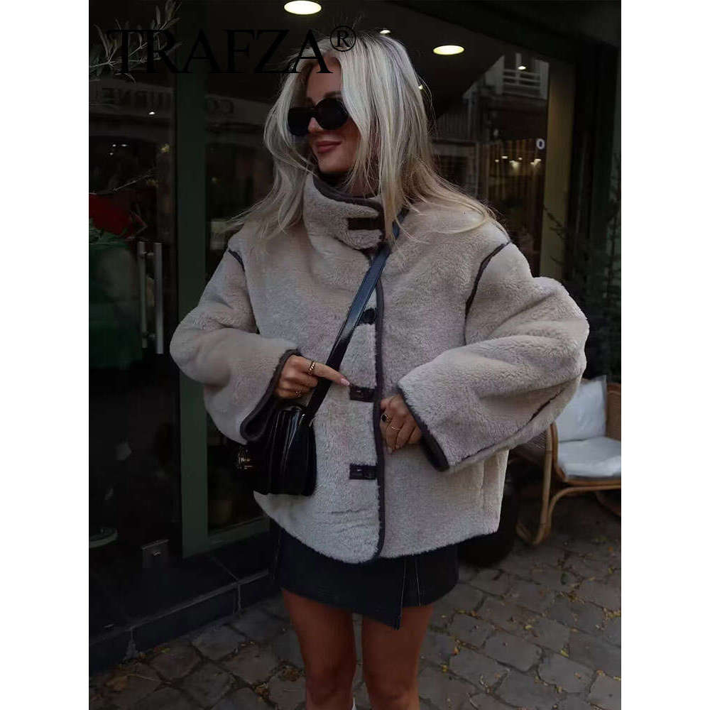 TRAFZA Autumn Fashion Women Fleece Coat Turtleneck Single Breasted Long Sleeve Jacket Winter Warm Female Casual Loose Outerwear