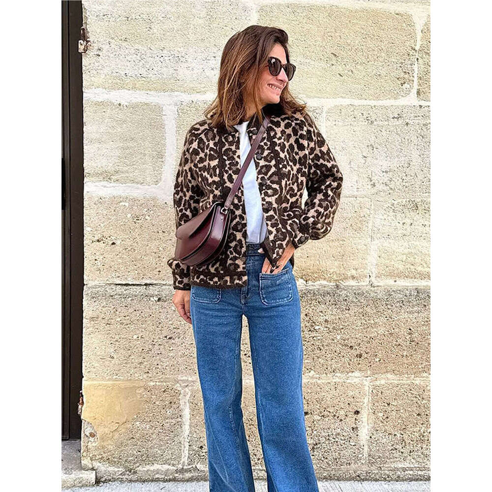 Leopard Print Mohair Women Knit Cardigan Fashion O Neck Single Breasted Full Sleeve Sweater New Autumn Commute High Streetwear
