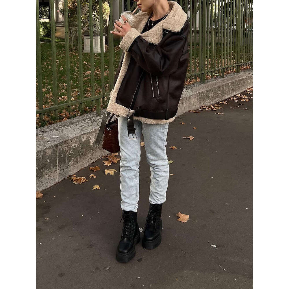 Women PU Leather Coat Faux Lamb Lapel Collar Fleece Ing Long Sleeve Zipper Jacket Outwear With Pockets