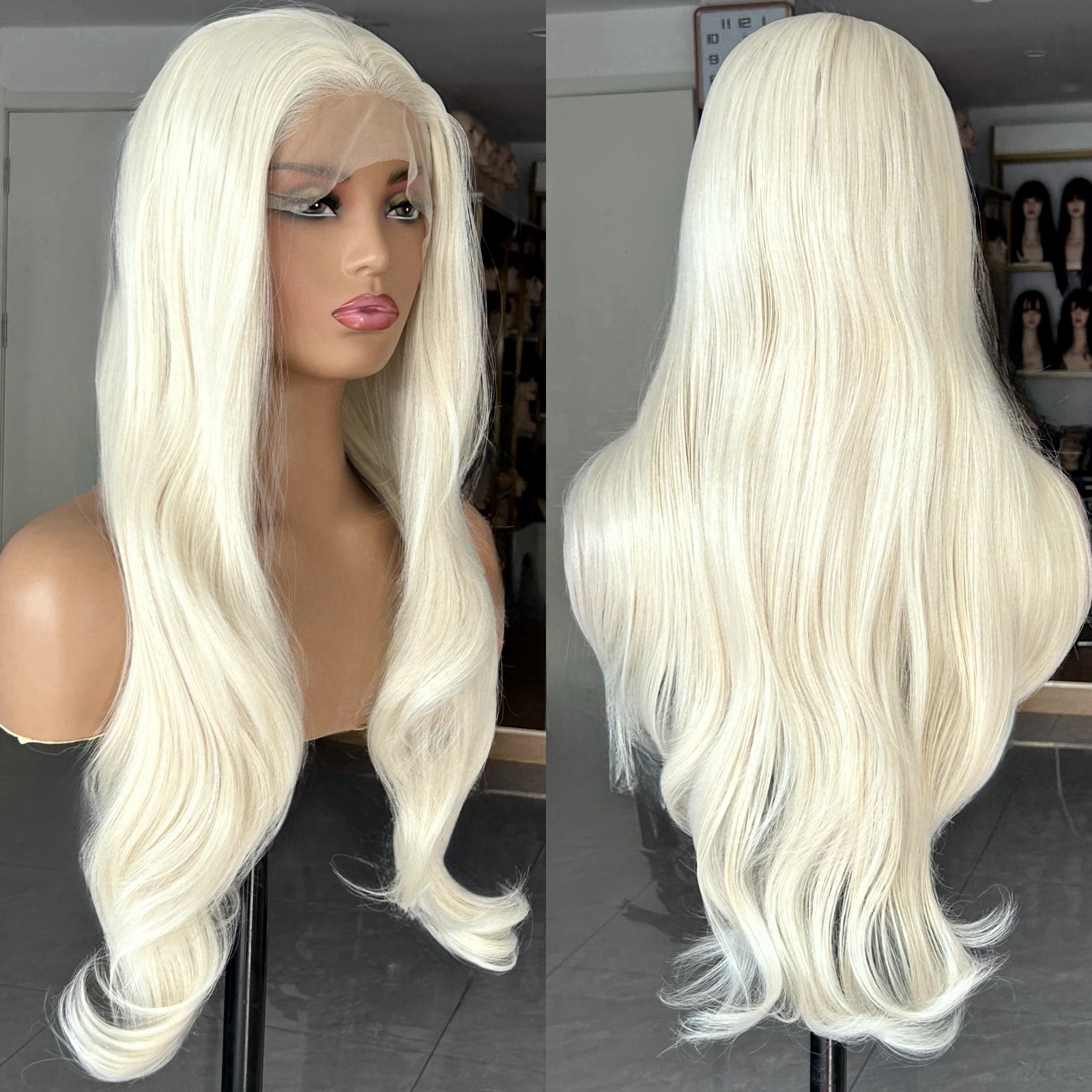 Platinum Blonde Natural Wavy Synthetic Lace Front Wig Long Straight White Colored Hair 13X4 Frontal Wigs for Women Party