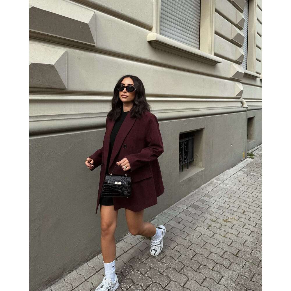 TRAFZA Elegant Red Solid Office Women Lapel Pocket 2024 New Spring Autumn Fashion Old Money Commuter Blazer