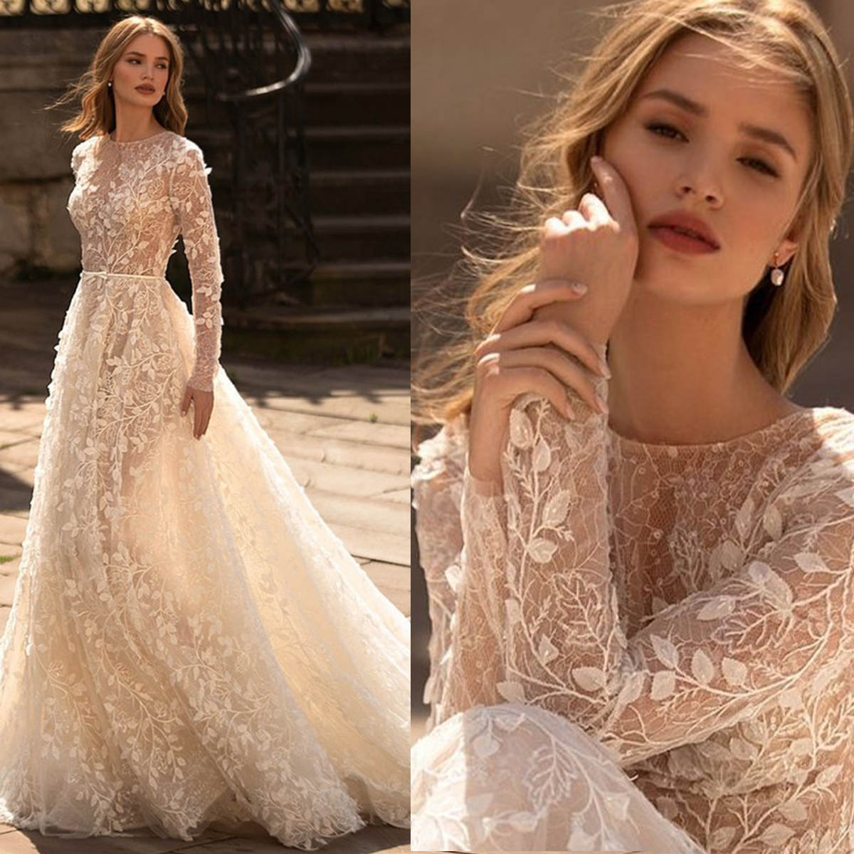 Elegant A Line Bride Gowns Sequins Appliques O Neck Long Sleeve Wedding Dress Sweep Train Tulle Bridal Dresses Custom Made