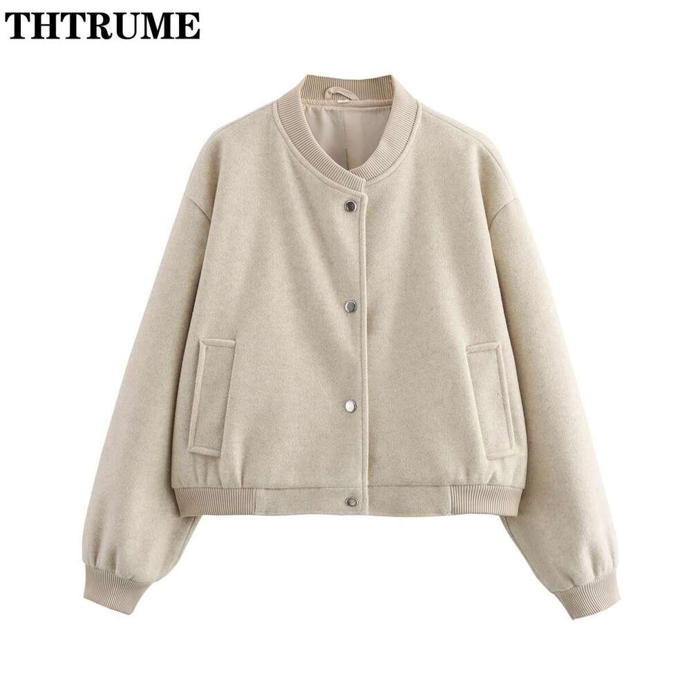 2024 New Single Breasted Jackets For Women Fashion Solid Round Neck Bomber Tweed Coats Casual Streetwear Autumn Winter Outwear
