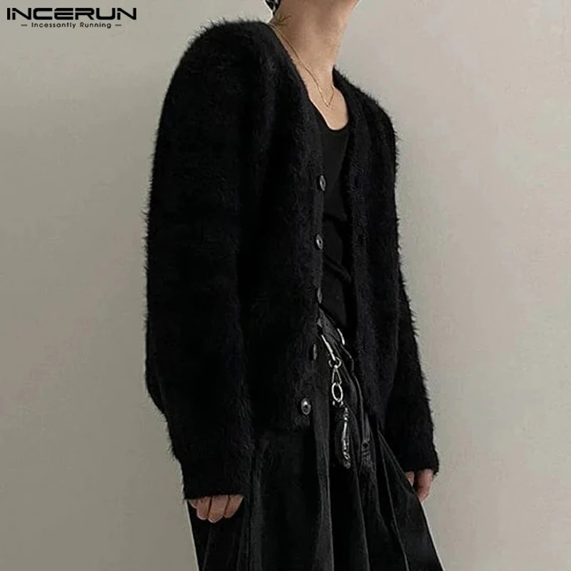 INCERUN Men Sweaters Solid Color Plush V Neck Long Sleeve Casual Cardigan Streetwear 2023 Fashion Leisure Knitted Outerwear 241024