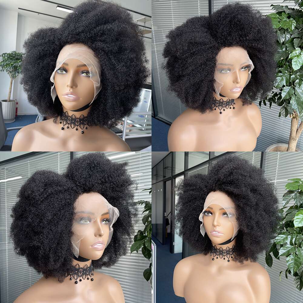 Afro Kinky Curly Lace Front Wig Natural Color Bob Human Hair Hairline X Density Short Wigs