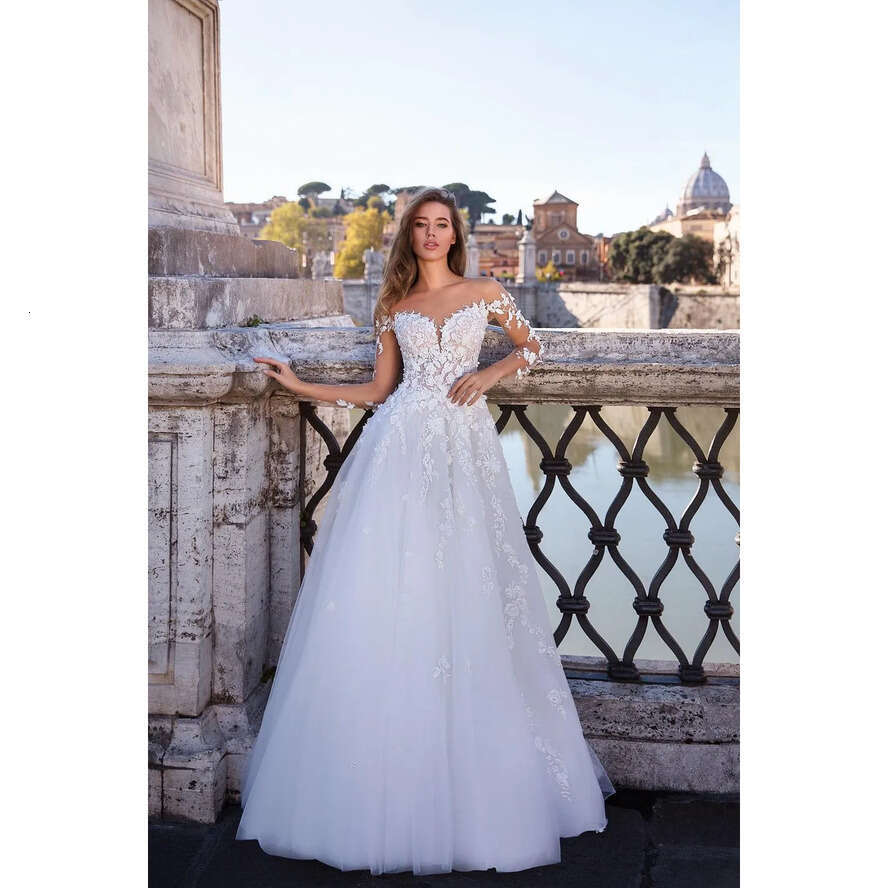 New Fashion A-E Dresses Sheer Neck Long Sleeves Lace Appliques Backless Sweep Train Wedding Dress Bridal Gowns Vestidos De Noiva 0430