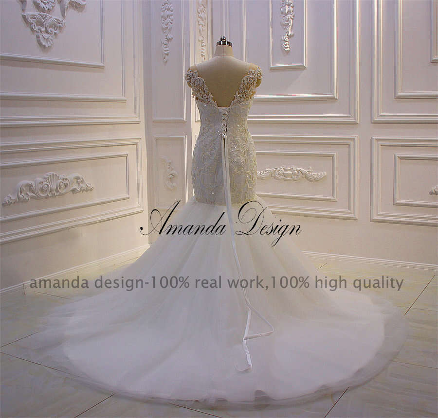 Amanda Design vestido novia playa Cap Sleeve Lace Appliqued Pearls Mermaid Wedding Dress