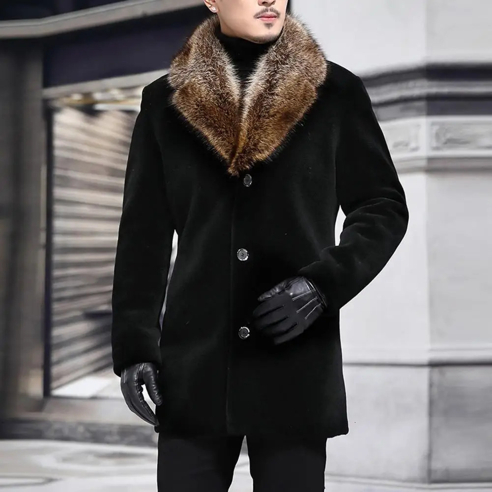 Faux Fur Collar Men Woolen Coat Thick Turndown Collar Singlebreasted Slim Fit Woolen Men Jacket Windbreaker Outwear Men Coat 241024