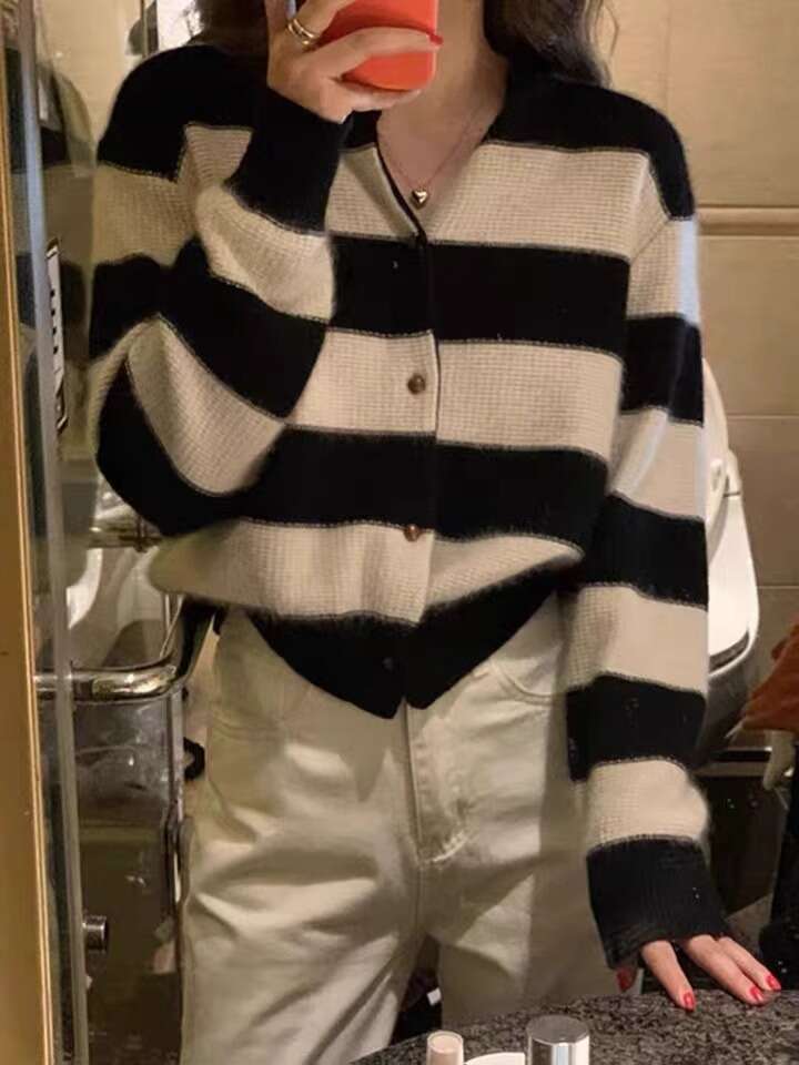 Classic Striped Shirt ~100 Pure Woolen Sweater Autumn Crewneck Cardigan Blouse Korean Cashmere Coat Slimming Knit