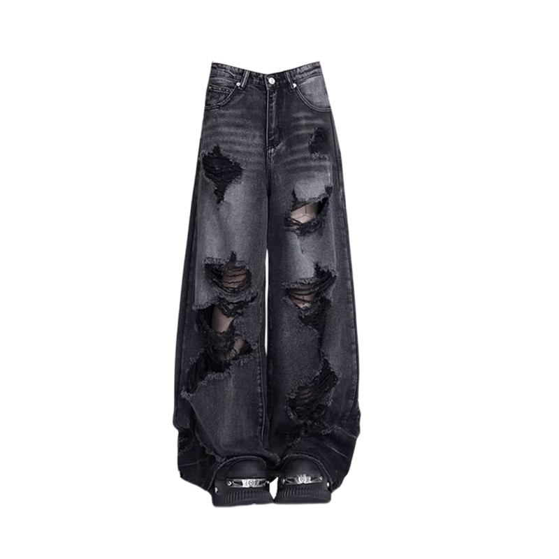 Women Black Goth Ripped Jeans Vintage Cowboy Pants Aesthetic Harajuku Baggy Denim Trousers Y2k Oversize Trashy 2000s Emo Clothes 241025