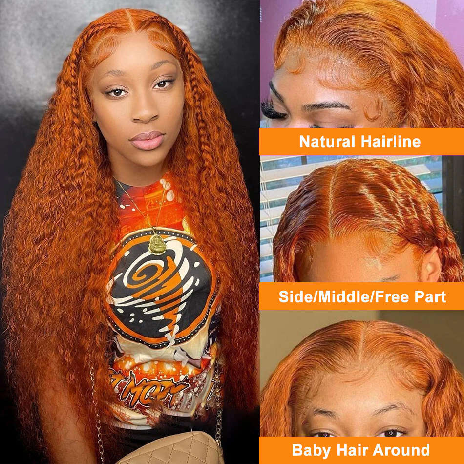 Orange Deep Wave HD x Lace Frontal Wigs Human Hair Curly Ginger Inch Density Front Wig Cosplay Brazilian