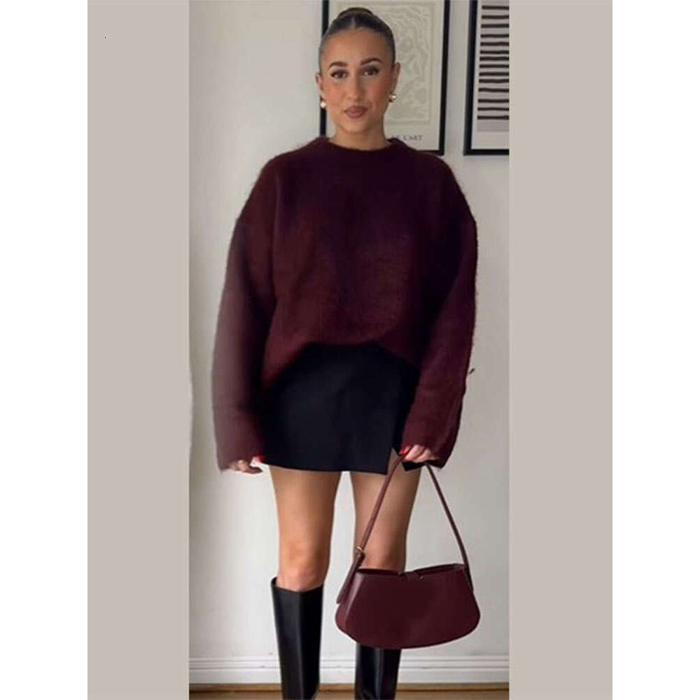 Fashion Ancora Red Mohair Cashmere Pullover For Women Elegant Long Sleeve Loose Knitted Jumpers 2024 Lady Chic Streetwear New