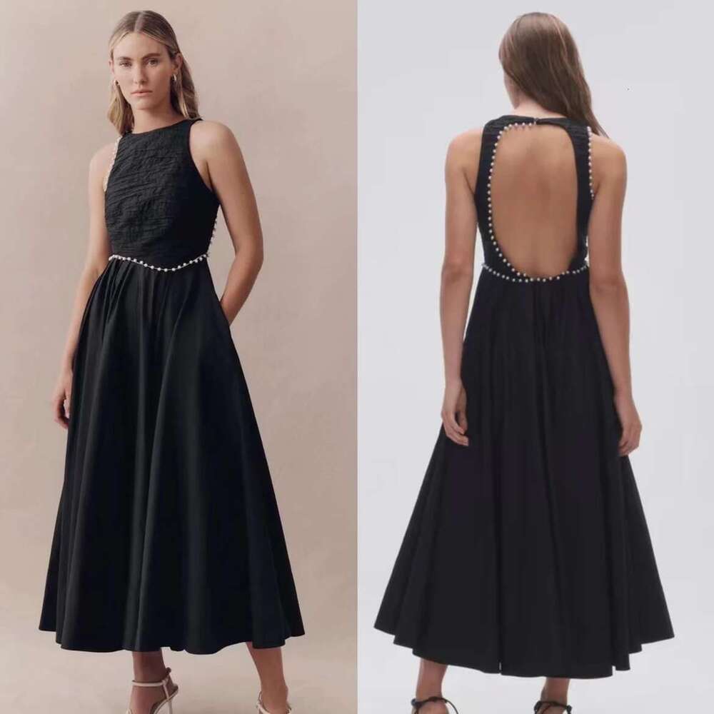 Women Pleated Chest Pearl Beaded Decoration Sleeveless Big Swing Party Midi Long Dress