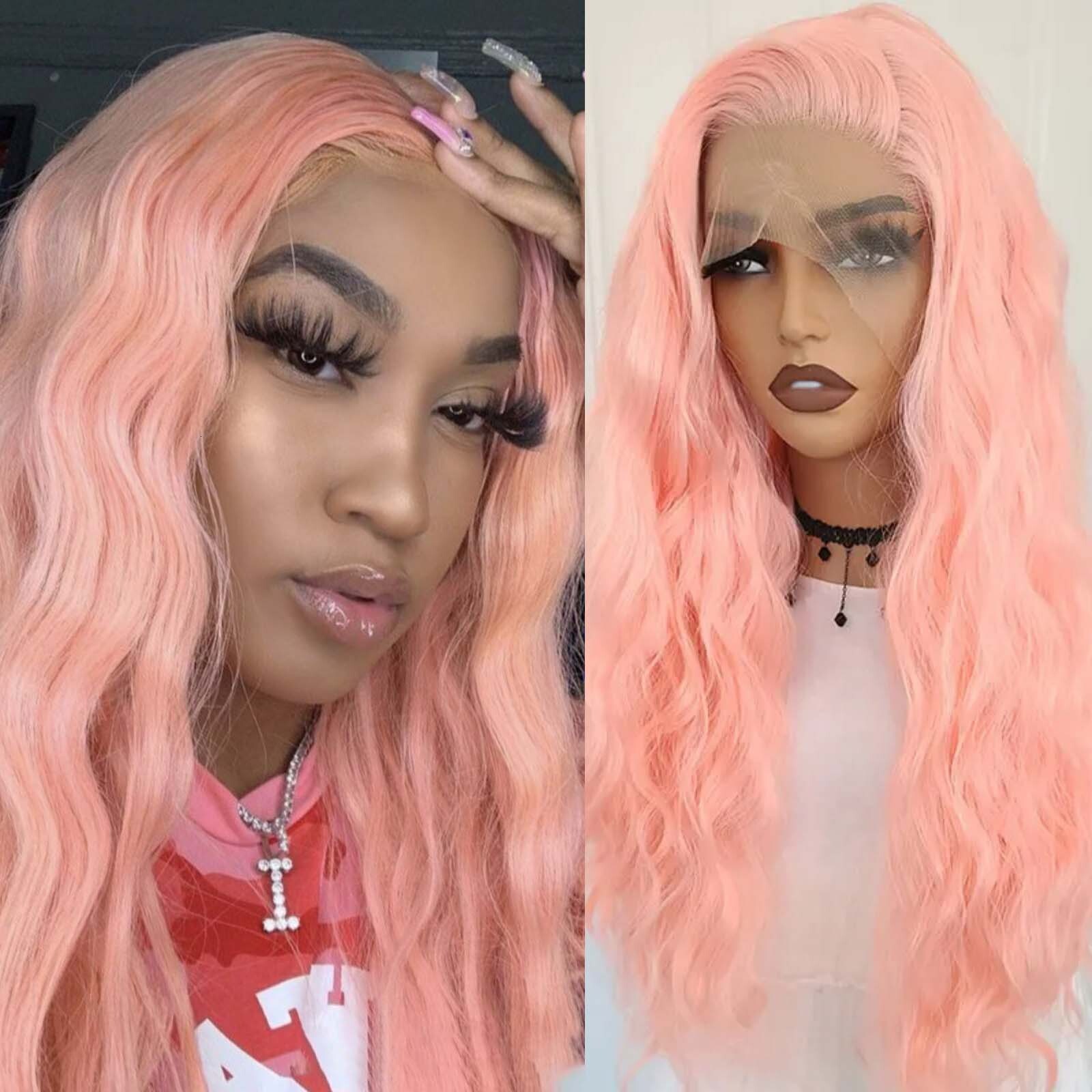 13X4 Peach Pink Natural Wavy Synthetic Front Wig Long Curly Light Orange Colored Hair Lace Frontal Wigs for Women Party