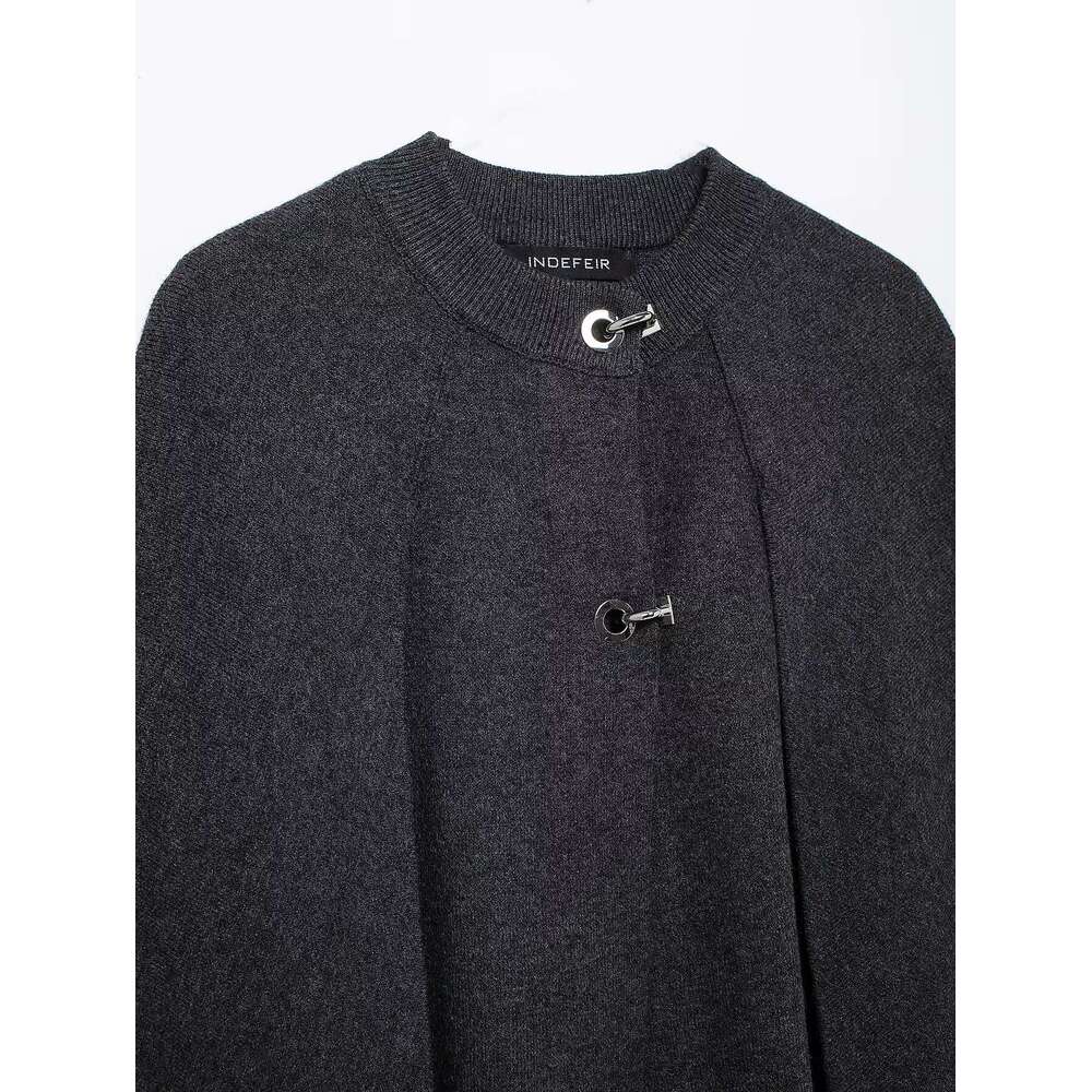 TRAFZA Elegant Women Knitted Metal Buckle Dark Gray Coat New 2024 Spring Fall Fashion Casual Cape Sweater