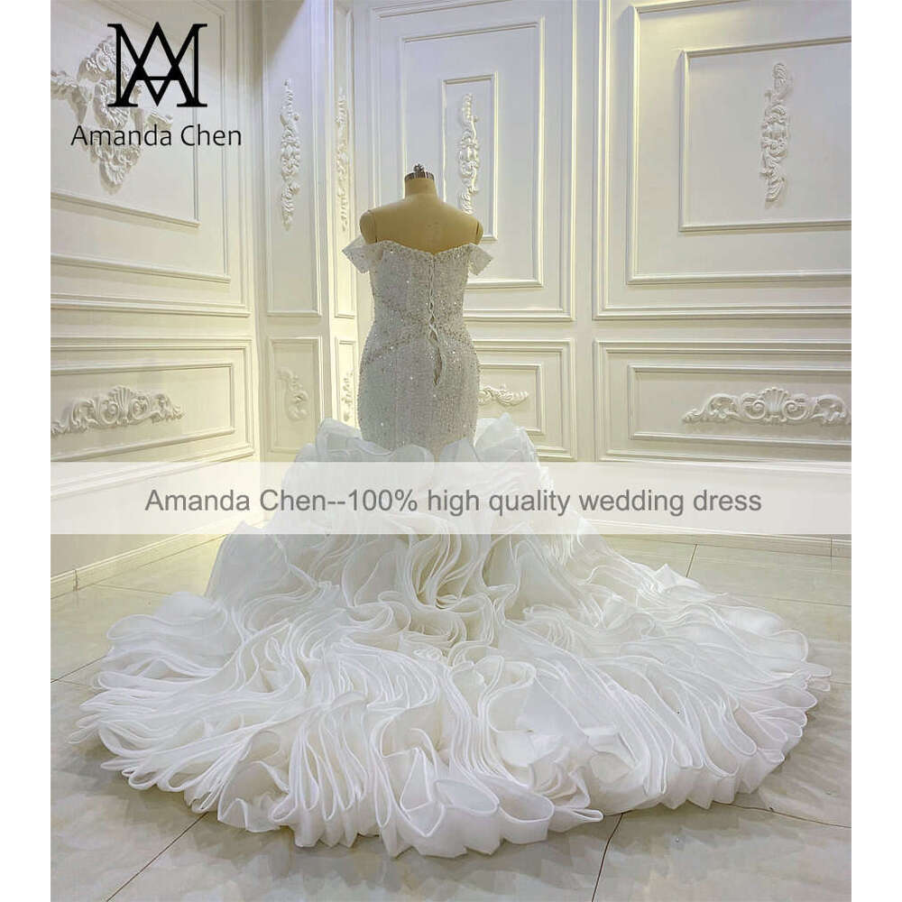 Amanda Novias Off Shoulder Handwork Beading Ruffle Mermaid Wedding Dress