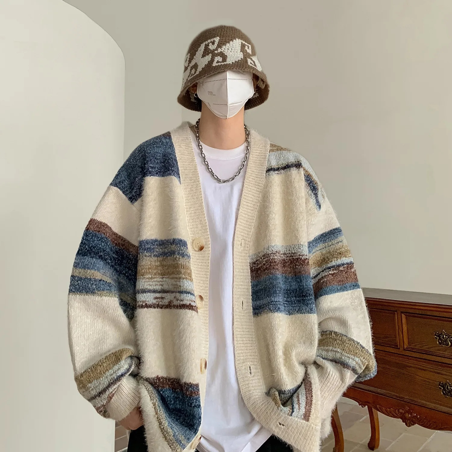 Mens Clothing Knit V Collar Patchwork Cardigan Sweater Coat Long Sleeve Korean Leisure Oversized Knitwear M3XL 241024