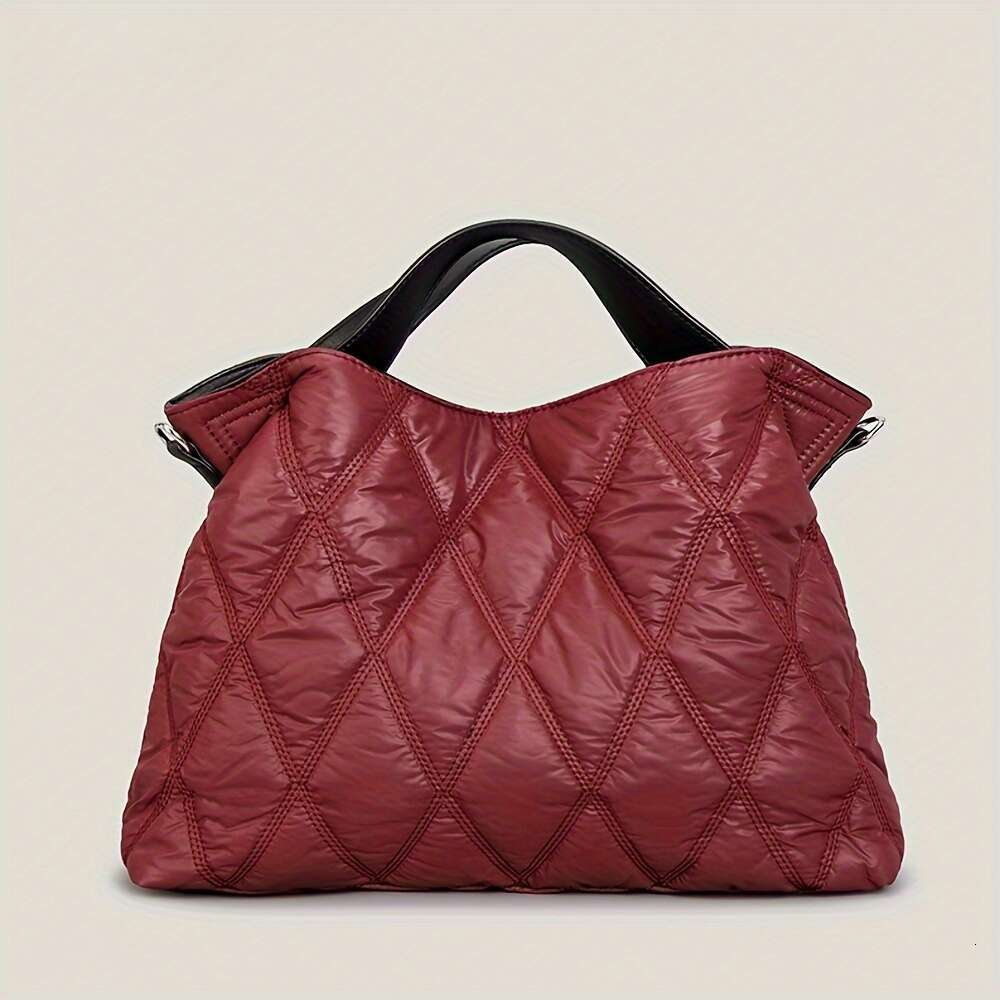 Trendy Puffer Quilted Tote Rhombus Nylon Shoulder Bag, Soft Padded Handbag For Women
