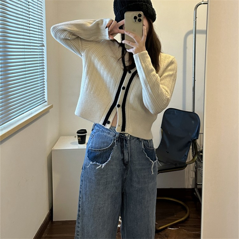 Autumn Contrasting Knitted Cardigan With V Neck Short Style Slim And Laid Back Long Sleeved Sweater Jacket F1028#38