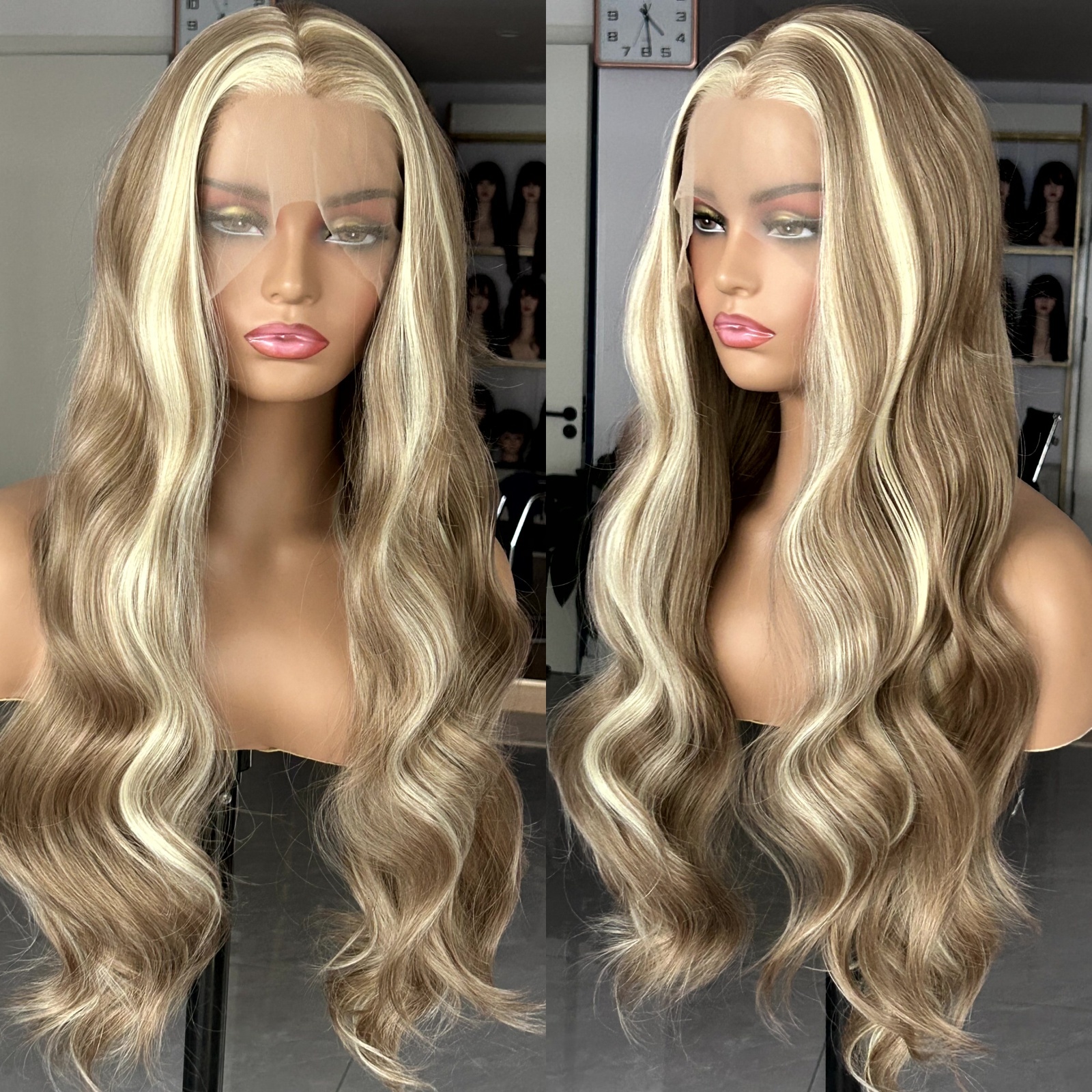 Brown Wig with Ash Blonde Highlights Synthetic Hair Long Wavy Loose Body Wave Strea Money Piece 13X4 Frontal Wigs for Women