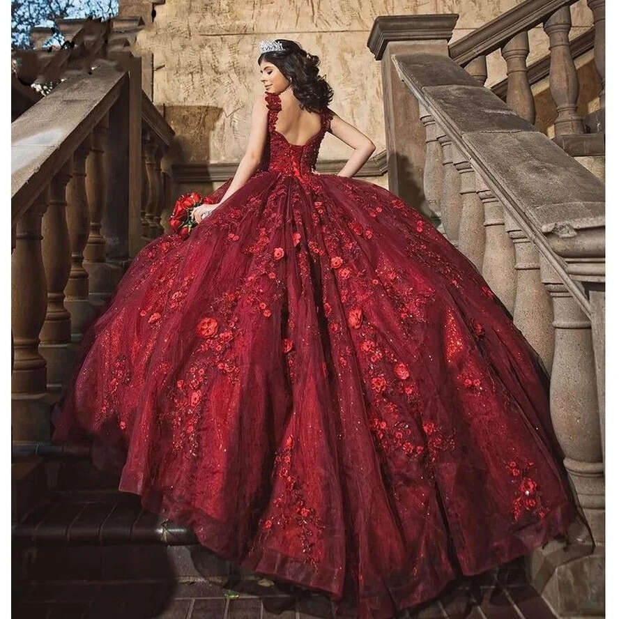 2024 Bury Sexy Quinceanera Dresses V Neck Lace Appliques 3D Ral Wers Crystal Beads Sweet 16 Dress Vestidos De 15 Prom Party Gowns 0513