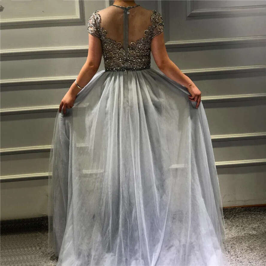 Sier Beaded Mermaid Prom Dresses With Detachable Train Vintage Short Sleeves Sheath Formal Evening Gown Long Pageant Wear