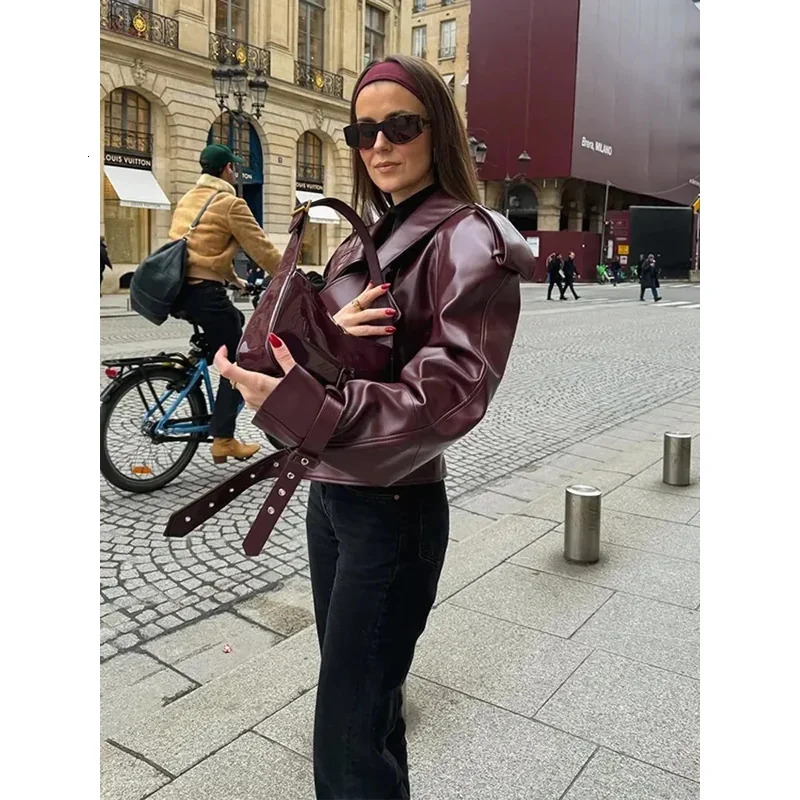Daenerys Res Autumn Women Lapel Long Sleeved Short Leather Jackets Trendy Slim Bury Red Crop Coat Fashion Lady Party Outwear