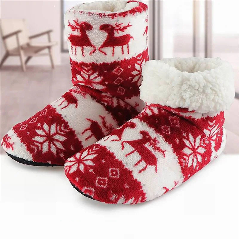 Christmas Indoor Shoe Socks Winter Slippers Women Warm House Slippers Plush Flip Flops Christmas Pattern Female Boots Xmas Gifts 241025