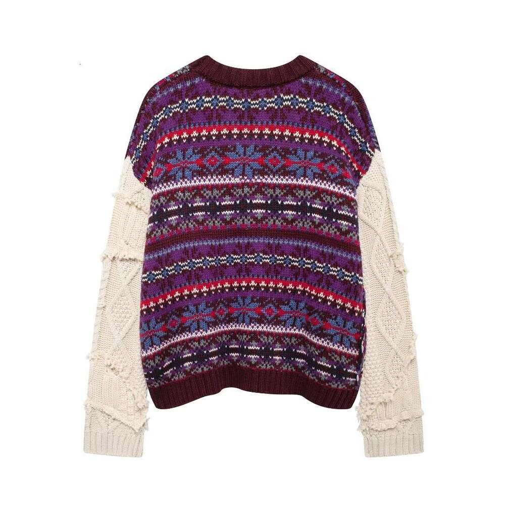 Trafza-Women Vintage Patchwork Fashion Loose Ral Knitted New 2024 Autumn Winter Classic Versatile Sweater