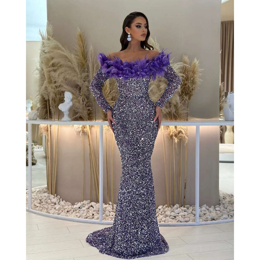 Purple Mermaid Evening Gown Feathers Off Shoulder Sequins Party Prom Dresses Sleeves Sweep Train Formal Long Dress For Red Carpet Special Ocn 0515