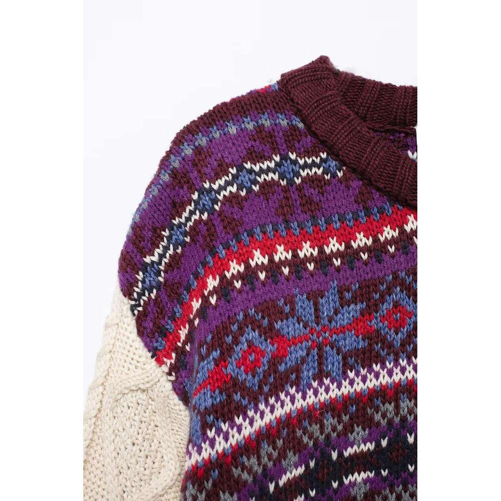 Trafza-Women Vintage Patchwork Fashion Loose Ral Knitted New 2024 Autumn Winter Classic Versatile Sweater