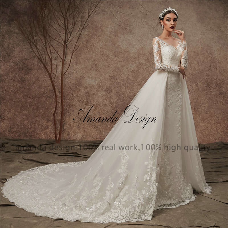 Amanda Design nikah elbiseleri Long Sleeve Lace Applique Mermaid Wedding Dress with Detachable Skirt