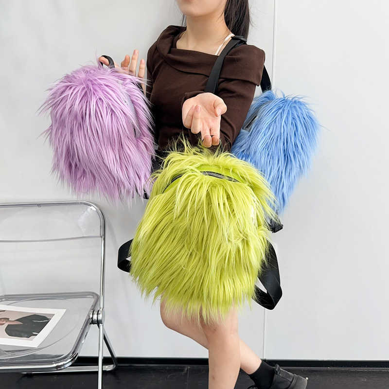 autumn winter long hair adjustable backpack with niche design, plush tassel versatile y2k spicy girl backpack 241015