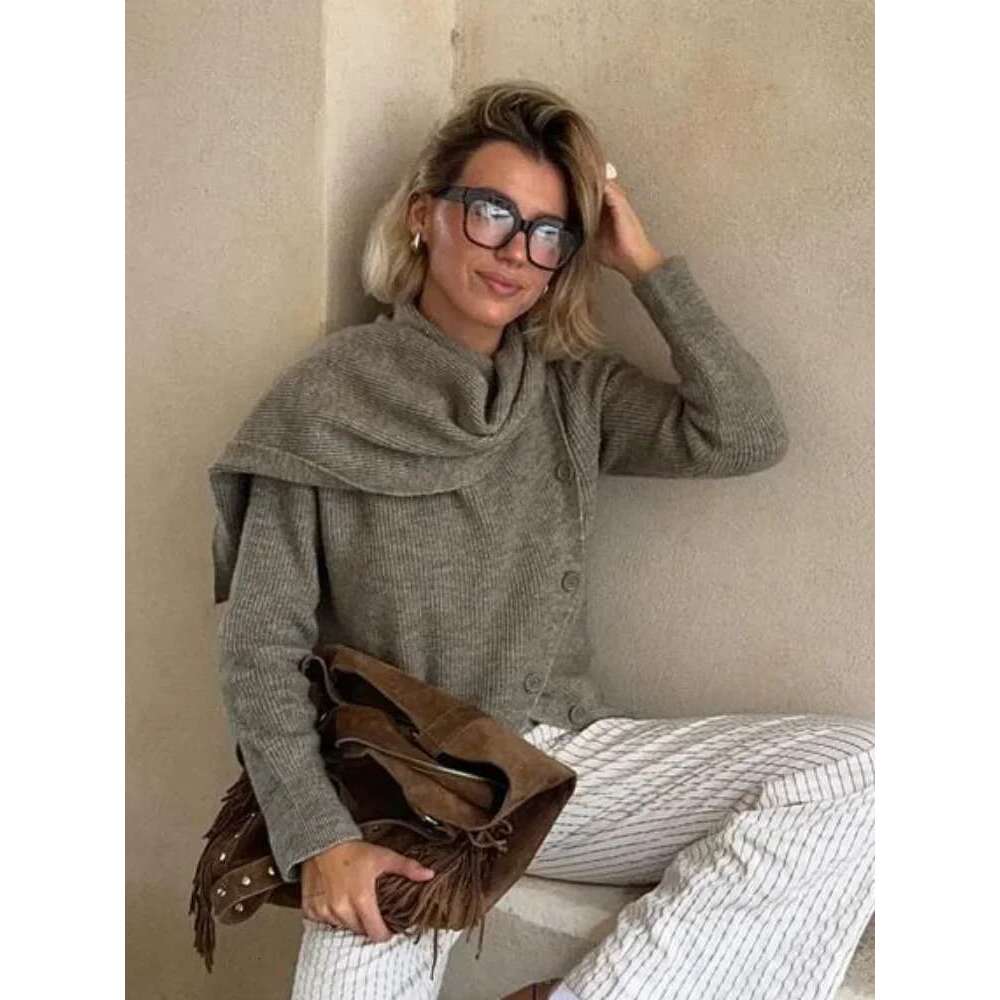 2024 Warm Scarf Collar Knitted Sweater Women Chic Single Breasted Full Sleeve Loose Cardigan Autumn Casual Lady High Streetwear