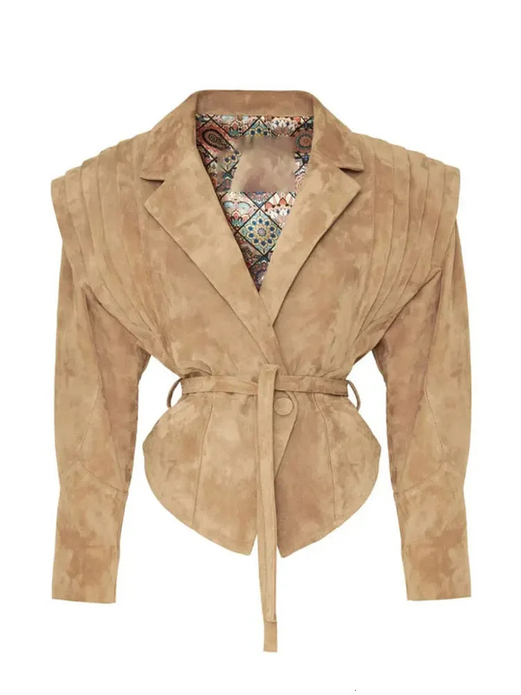 Fashion suede short leather long sleeved jacket for women with pleated shoulder straps lapel button cut jacket womens street jacket 241025