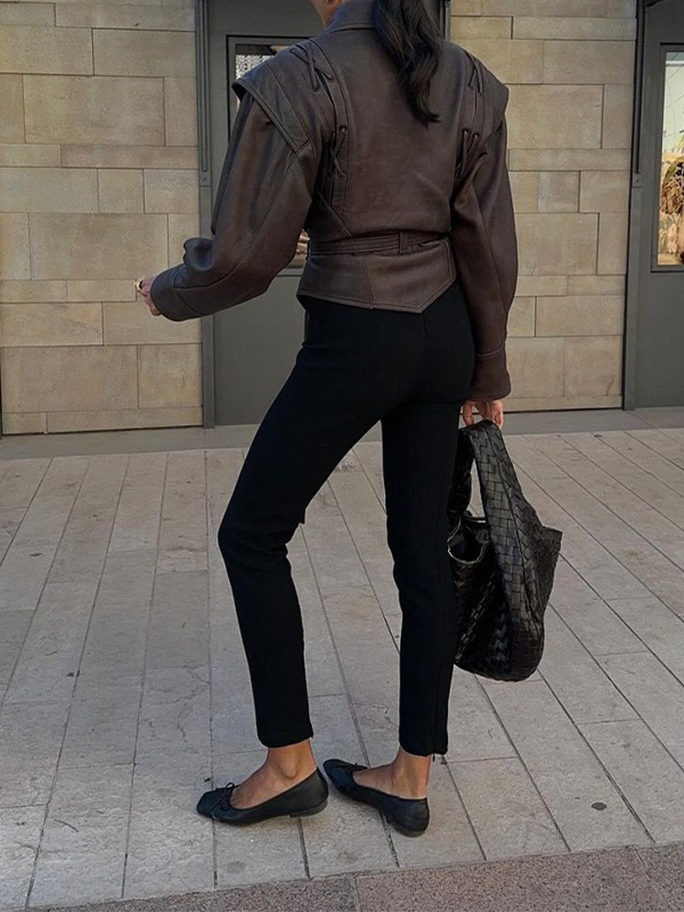 Women's Street Leather Jacket 2024 Autumn Winter Versatile Brown Long Sleeves V-Neck Lace-Up Coats Causal Female Outerwear