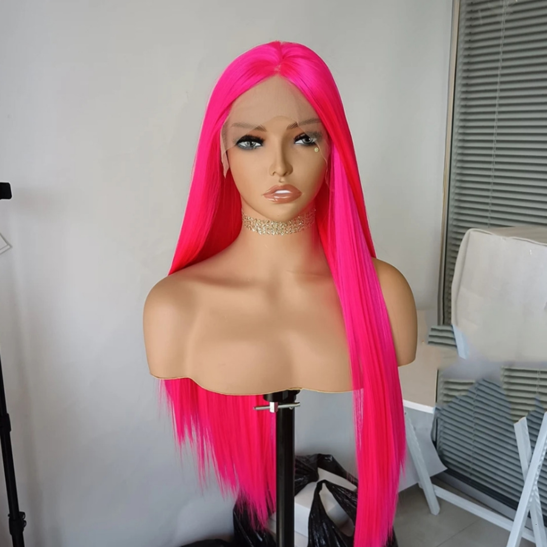 RDY Hot Pink Front Wig Long Straight Hair Frontal Rose Red Synthetic Lace Wigs for Women Daily Glueless Natural Haire