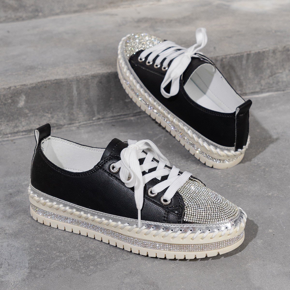 Women Casual Shoes Sequins Rhinestone Shoes Breathable Wear Resistance Lace Up for Outdoor Activities