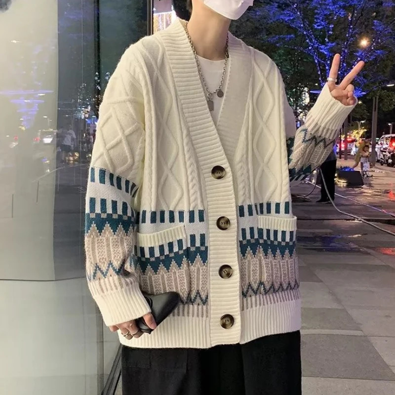 Colorful Cardigan Men Fashion British Style Traditional Allmatch Comfortable Baggy Twisted Knitwear Chic Advanced Long Sleeve 241024