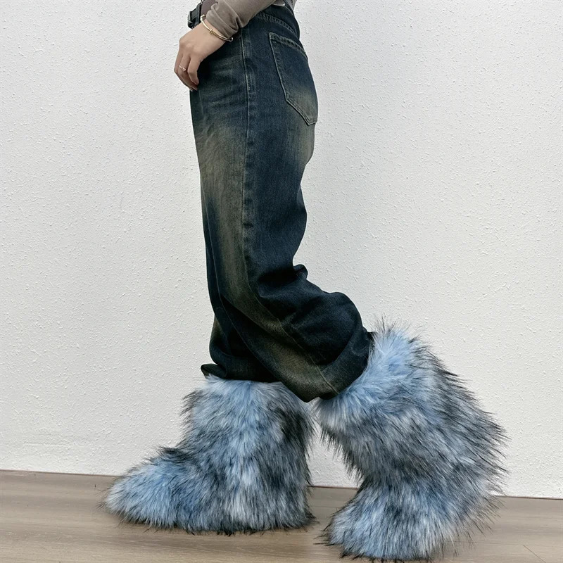 Womens Winter Fluffy Faux Fox Fur Boots Woman Plush Warm Snow Boots Footwear Girls Furry Fur Bottes Fashion Winter Shoe 241028