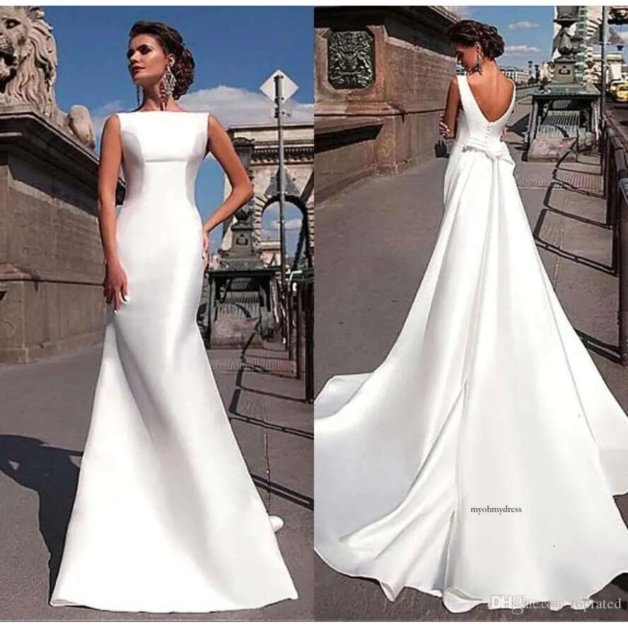 New Elegant Charming Satin A E Wedding Dresses Cheap With Long Backless Sweep Train Vestidos De Novia Draped Bridal Gowns 0430
