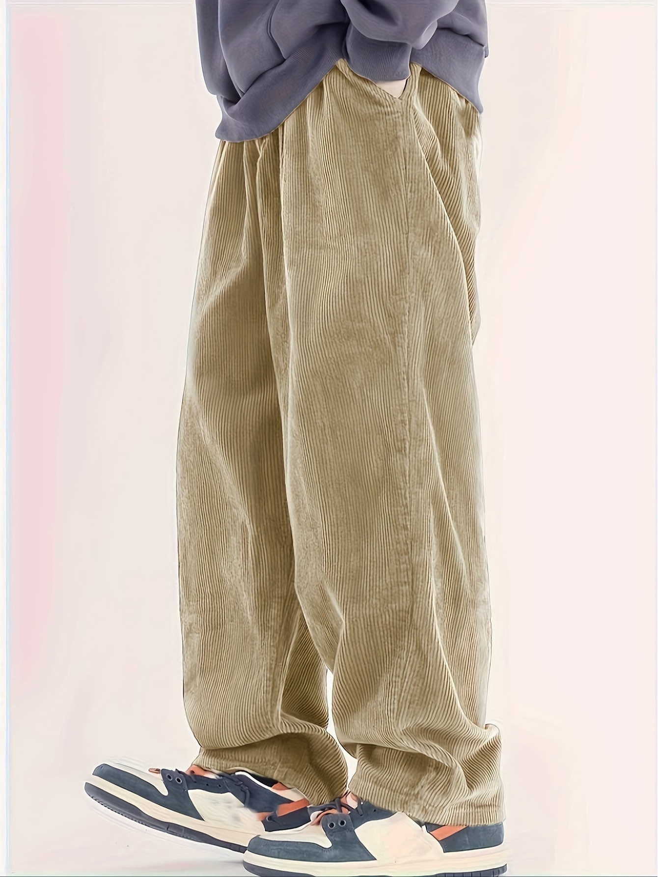 Men's basic corduroy straight leg pants, solid color pants with pockets, suitable for casual daily wear